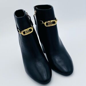 RALPH LAUREN Women's US Size 6B Meredith Booties Black Leather Gold RL Logo